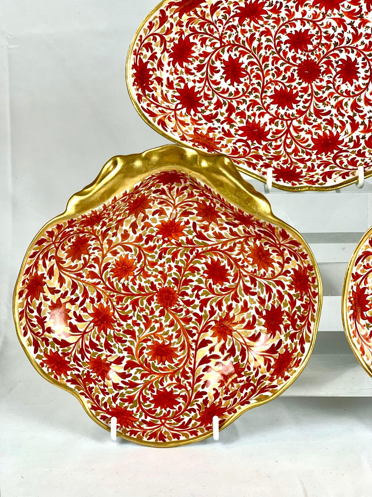 Regency Three Red Chrysanthemum Pattern Coalport Porcelain Dishes England Circa 1810