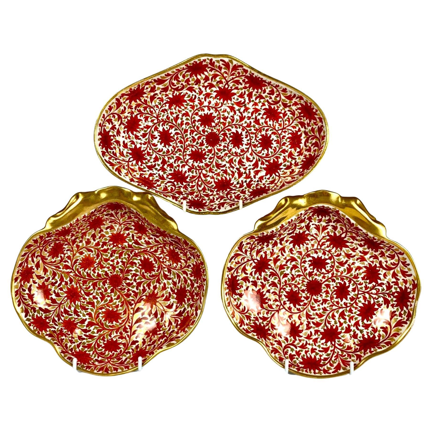 Three Red Chrysanthemum Pattern Coalport Porcelain Dishes England Circa 1810