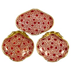 Three Red Chrysanthemum Pattern Coalport Porcelain Dishes England Circa 1810