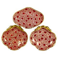 Antique Three Red Chrysanthemum Pattern Coalport Porcelain Dishes England Circa 1810