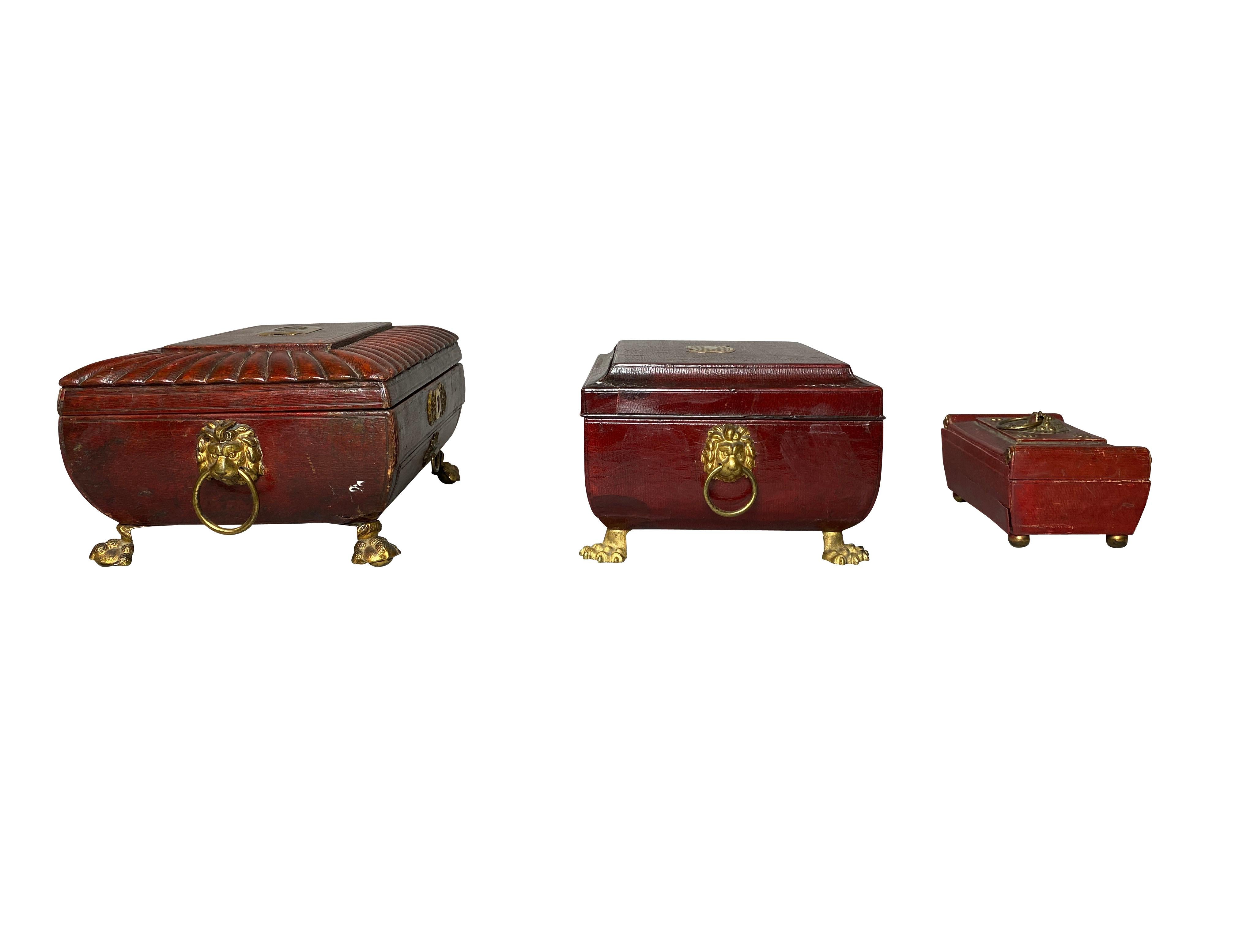 19th Century Three Regency Red Leather Boxes