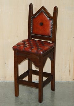 THREE RESTORED BROWN LEATHER CHESTERFiELD GOTHIC STEEPLE KITCHEN BAR STOOLS 3