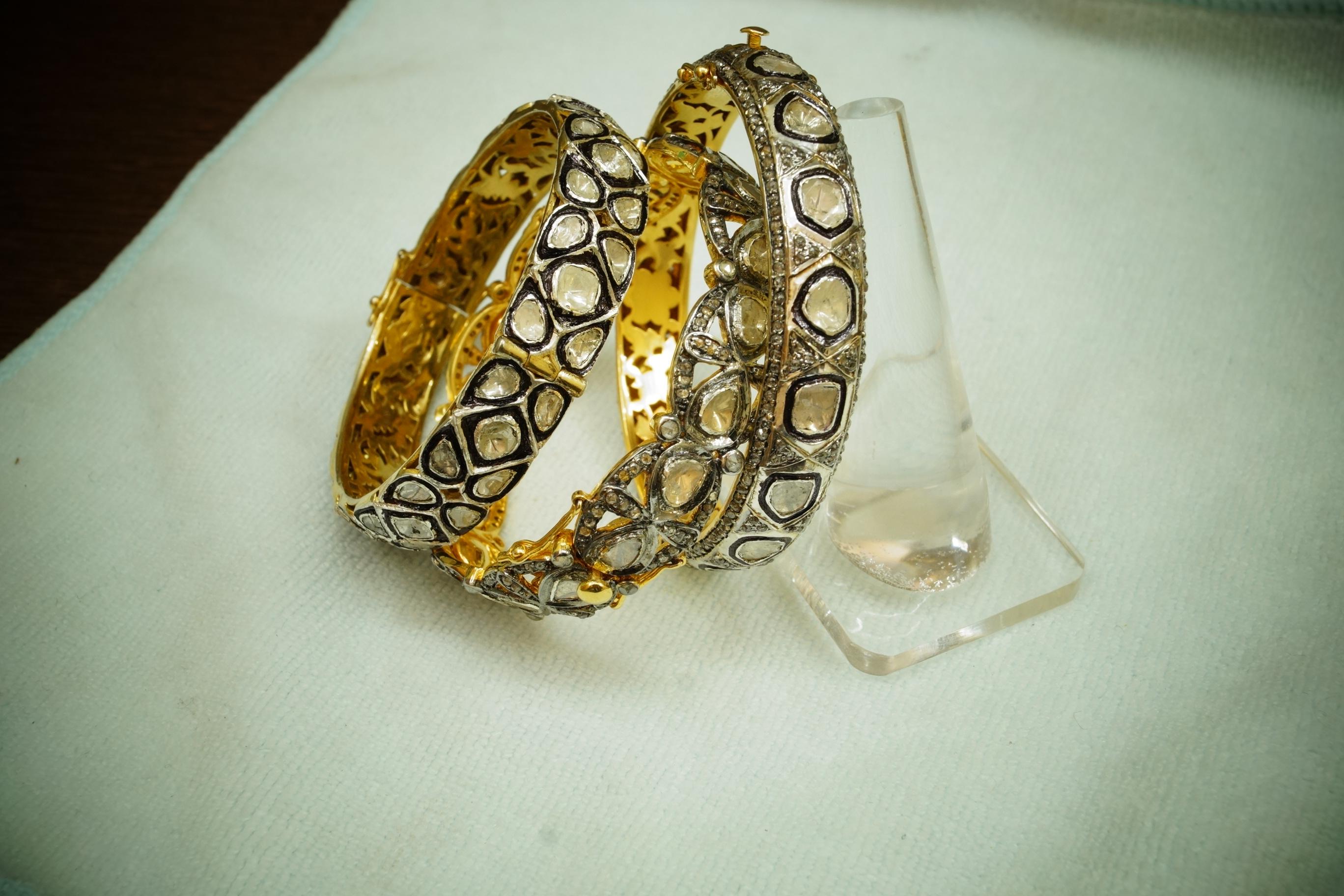 Three retro Natural uncut rose cut Diamond sterling silver gold plated bracelets In New Condition For Sale In Delhi, DL