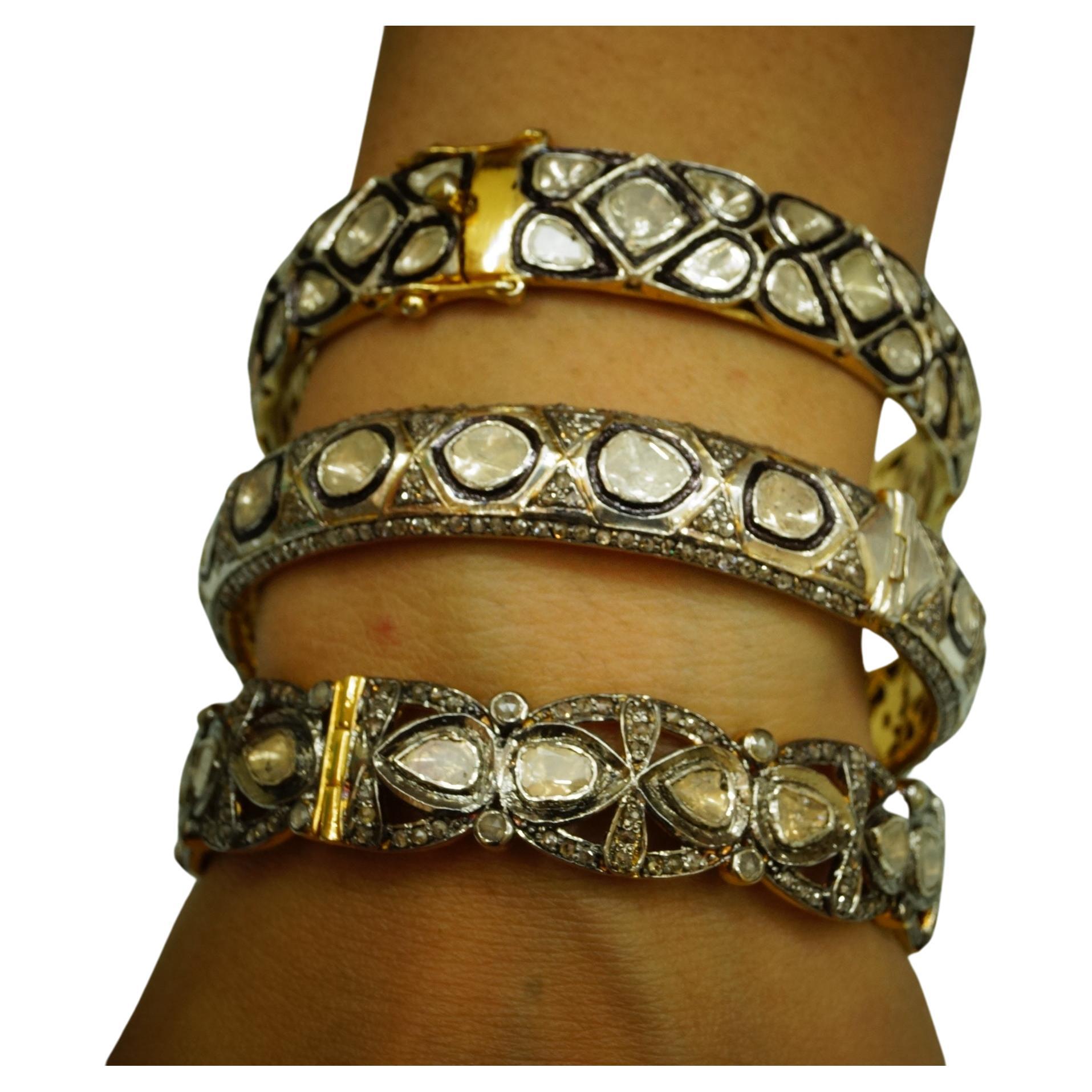 Three retro Natural uncut rose cut Diamond sterling silver gold plated bracelets For Sale