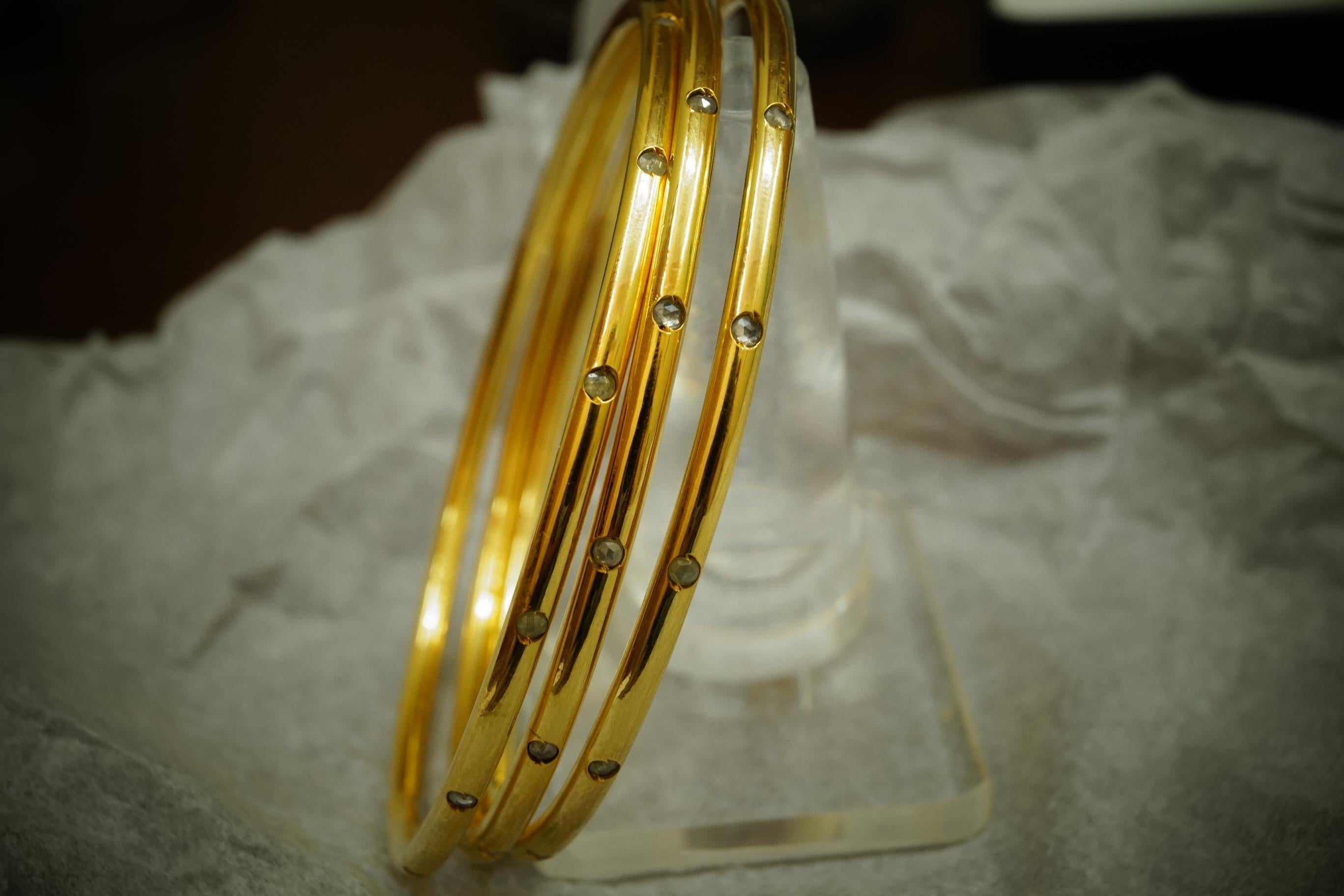 Rose Cut Three Retro style Natural rose cut Diamond gold plated sterling silver Bangles For Sale