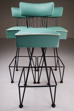 Three Retro Vintage Bar Stool in Tiffany Blue, Belgium, 1950s