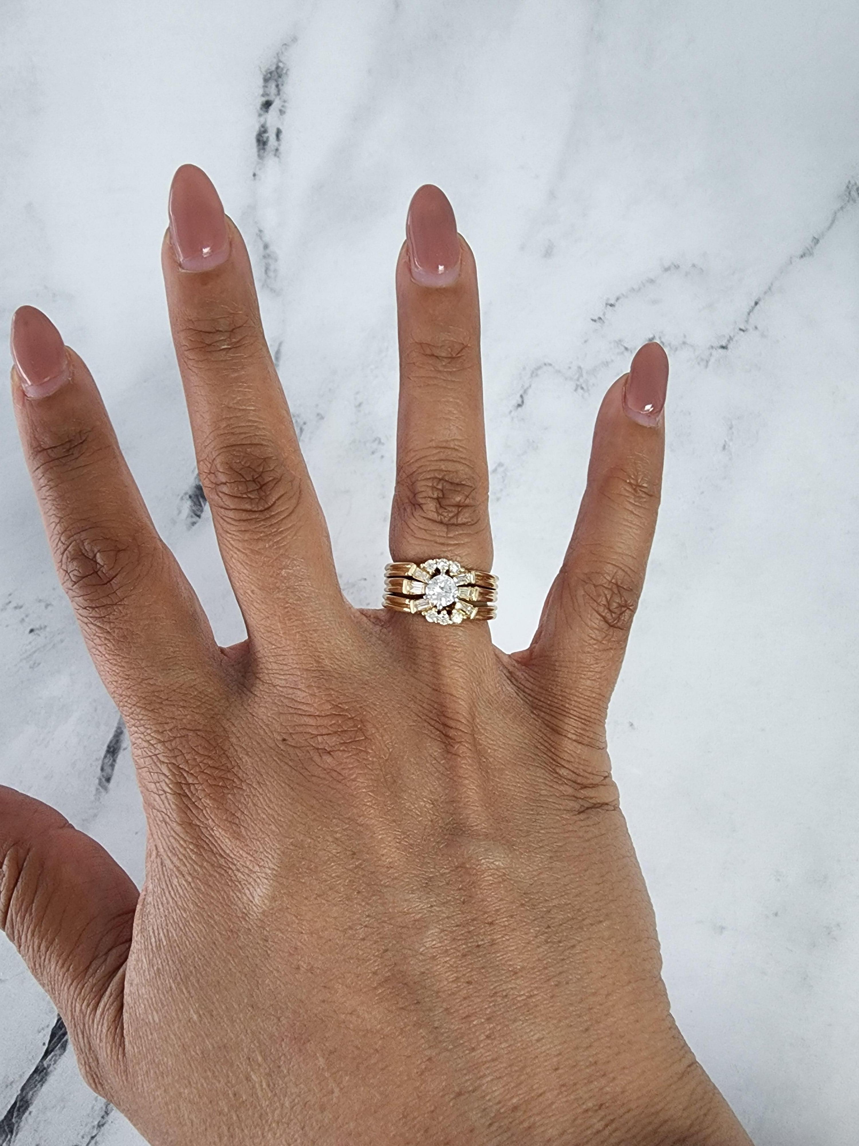 ♥ Ring Summary ♥

Main Stone: Diamond
Approx. Carat Weight: 1.33cttw
Diamond Color: G - I
Diamond Clarity: SI2
Stone Cut: Baguette & Round
Band Material: 14k Yellow Gold
Dimension Height: 12MM
**Three Rings