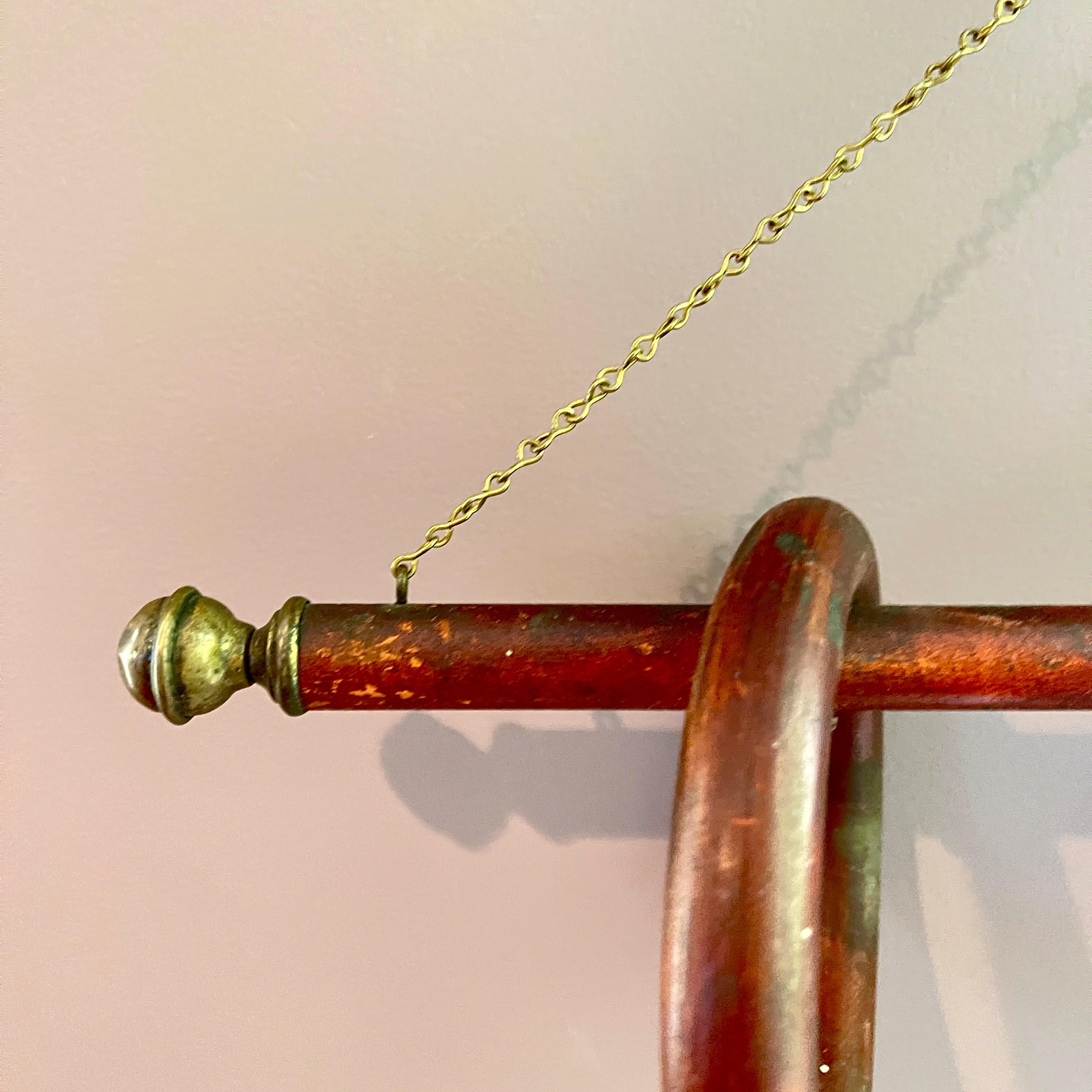 Three Ring Wood & Brass Hanging Towel Rack For Sale 6