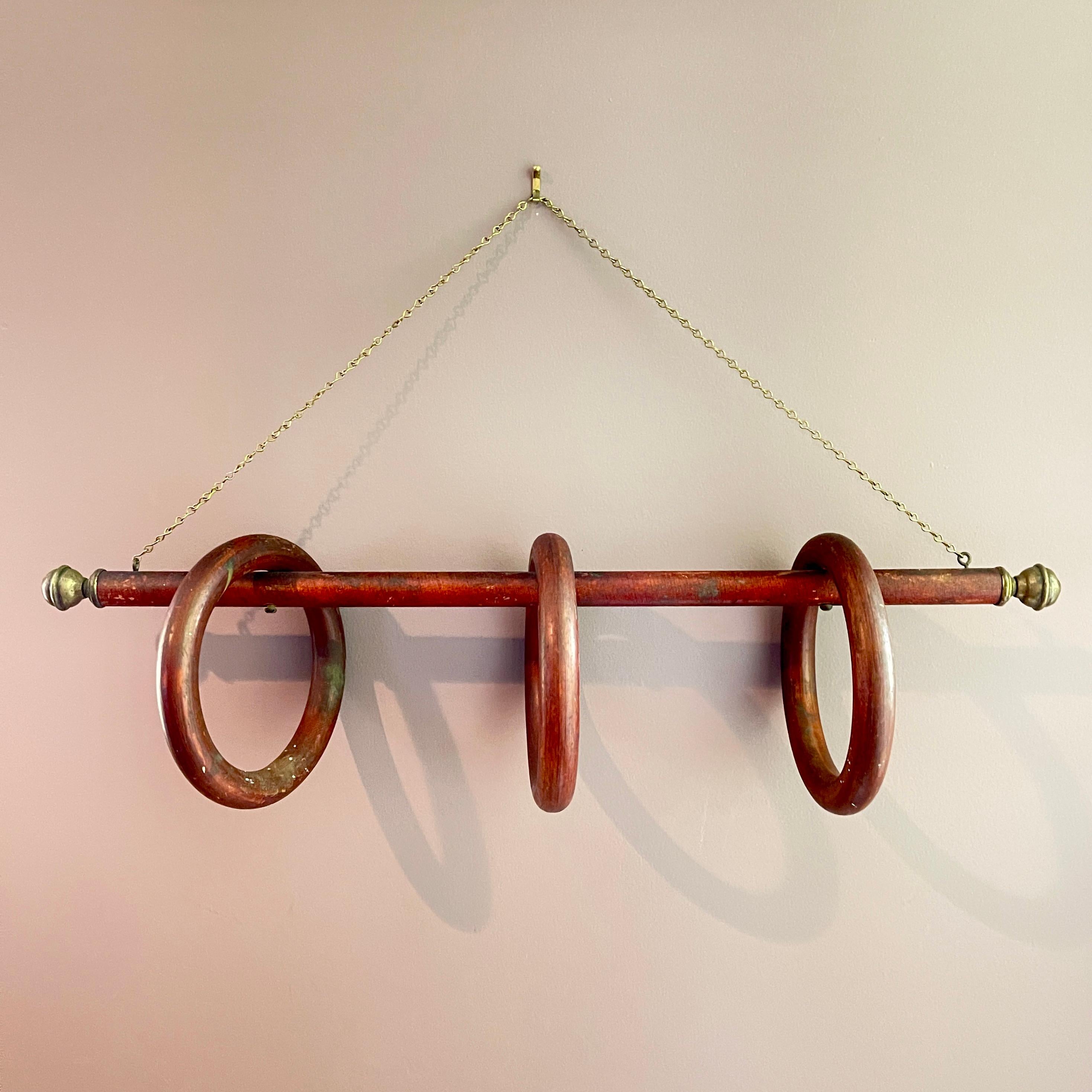 Belle Époque Three Ring Wood & Brass Hanging Towel Rack For Sale