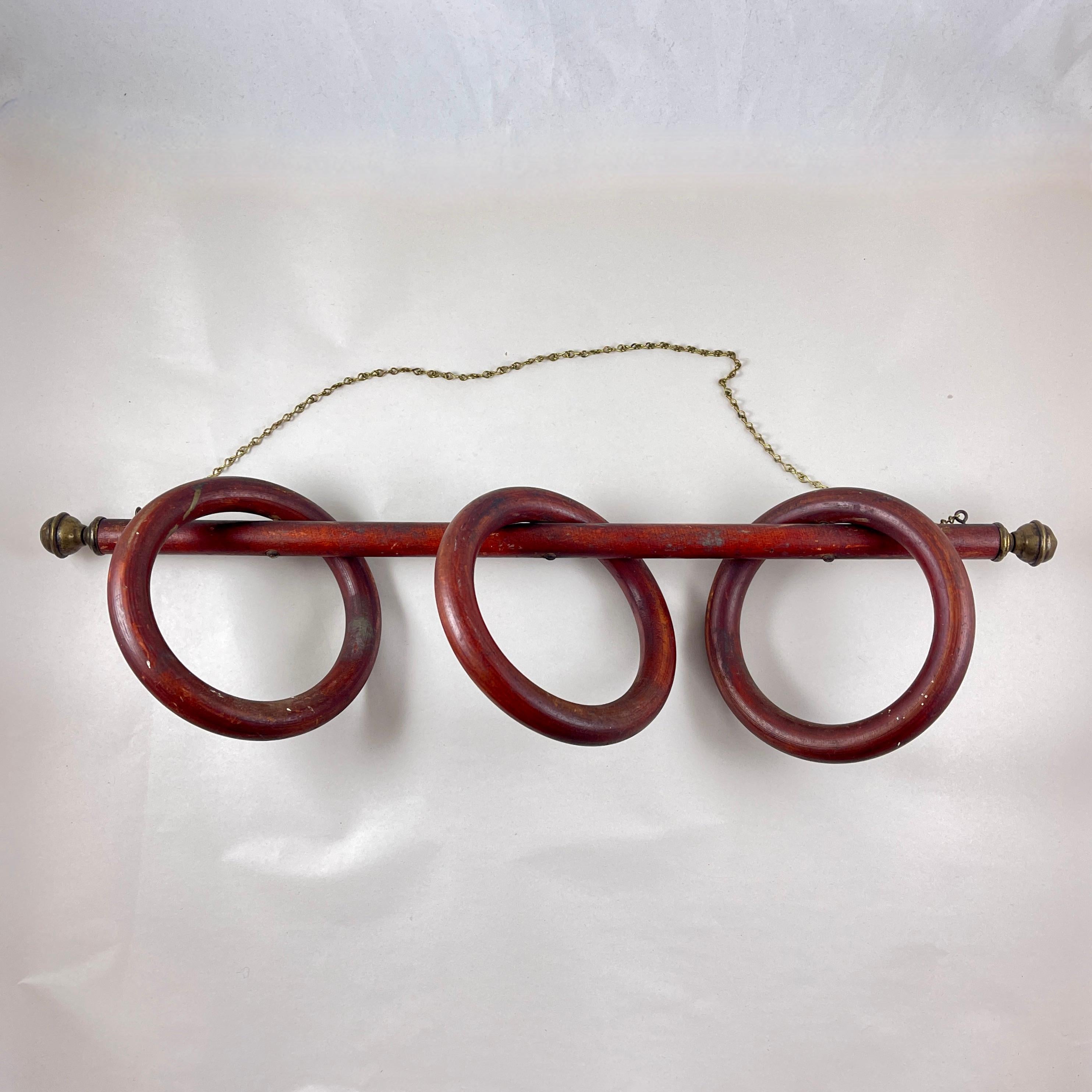 French Three Ring Wood & Brass Hanging Towel Rack For Sale