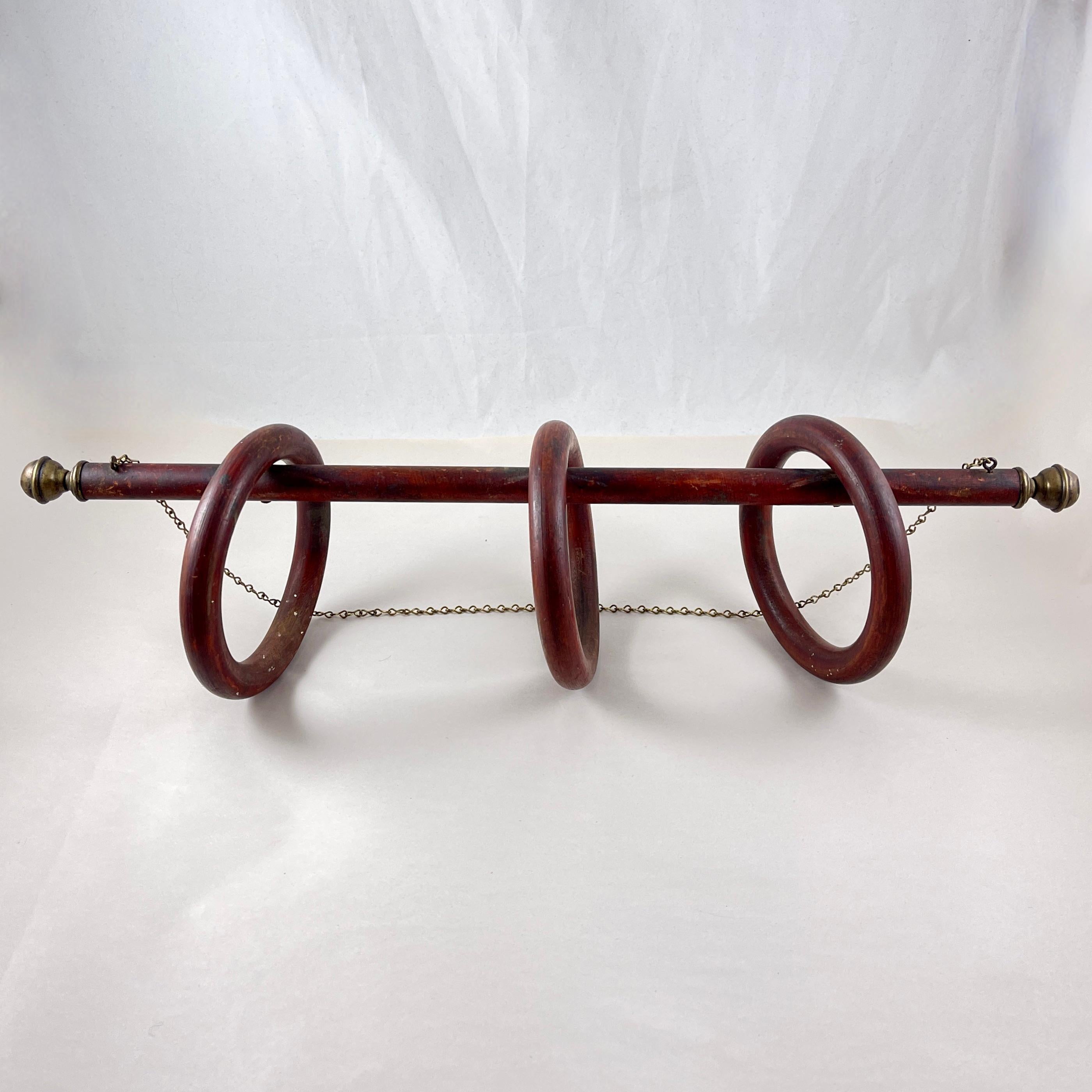 Hand-Crafted Three Ring Wood & Brass Hanging Towel Rack For Sale