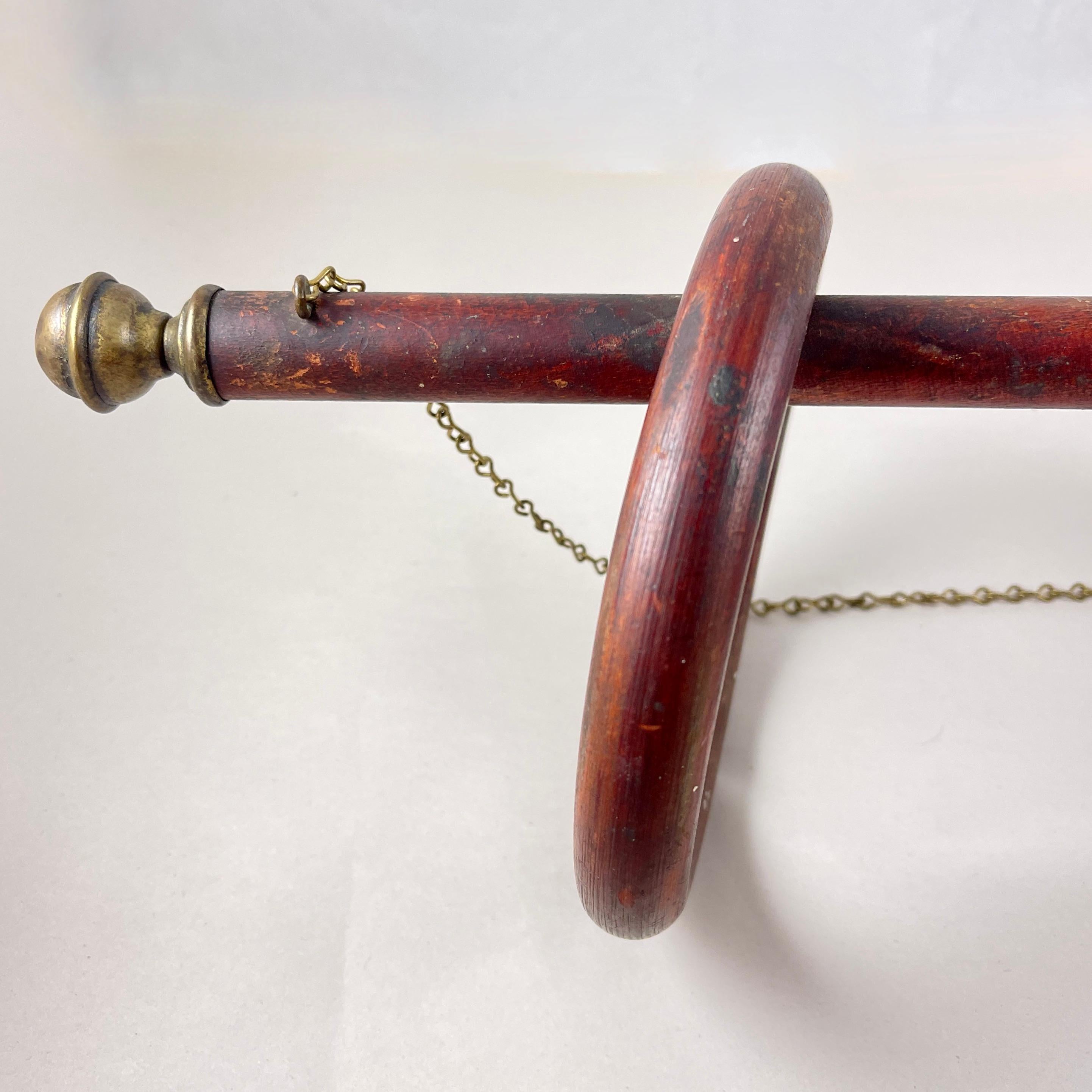 Three Ring Wood & Brass Hanging Towel Rack In Good Condition For Sale In Philadelphia, PA