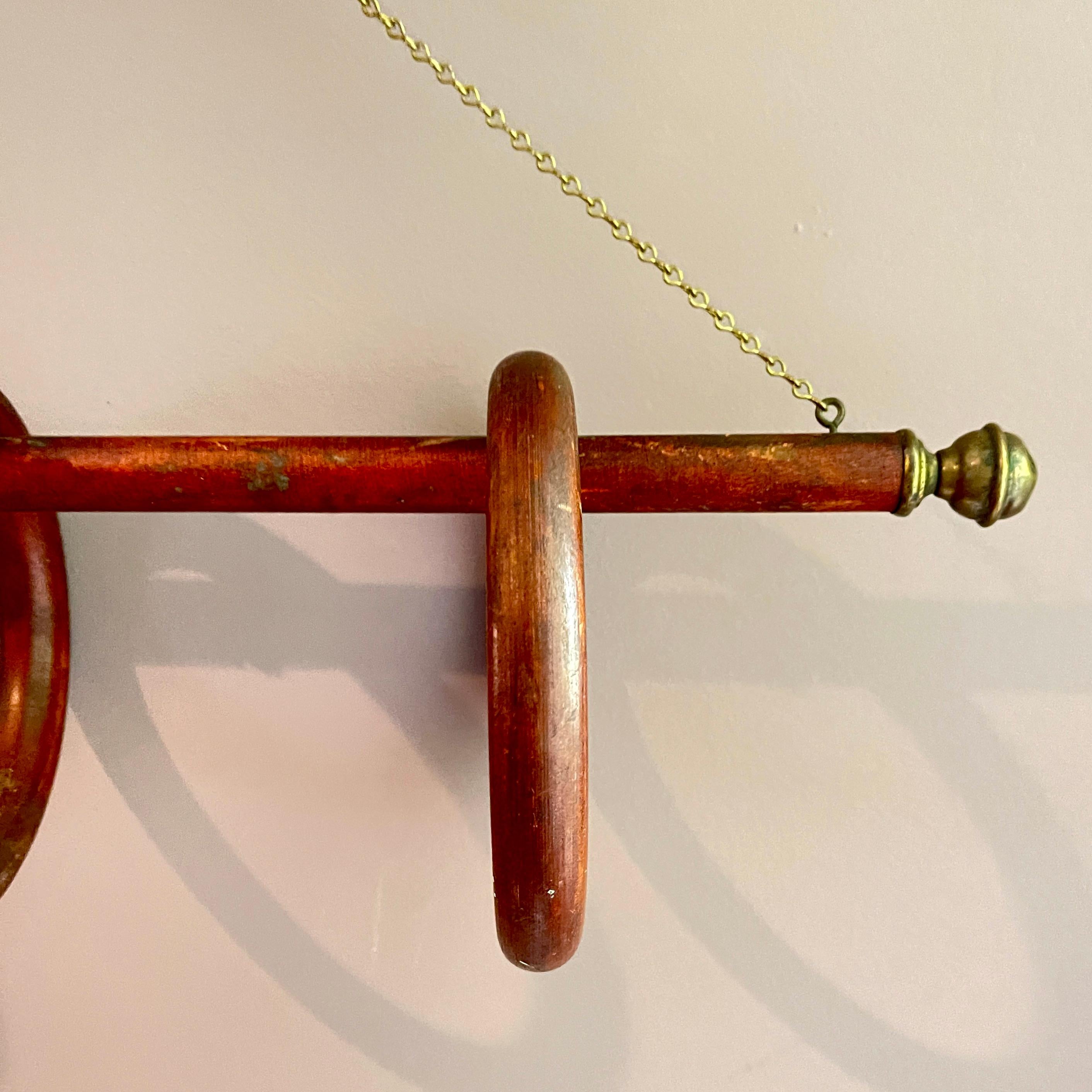 19th Century Three Ring Wood & Brass Hanging Towel Rack For Sale