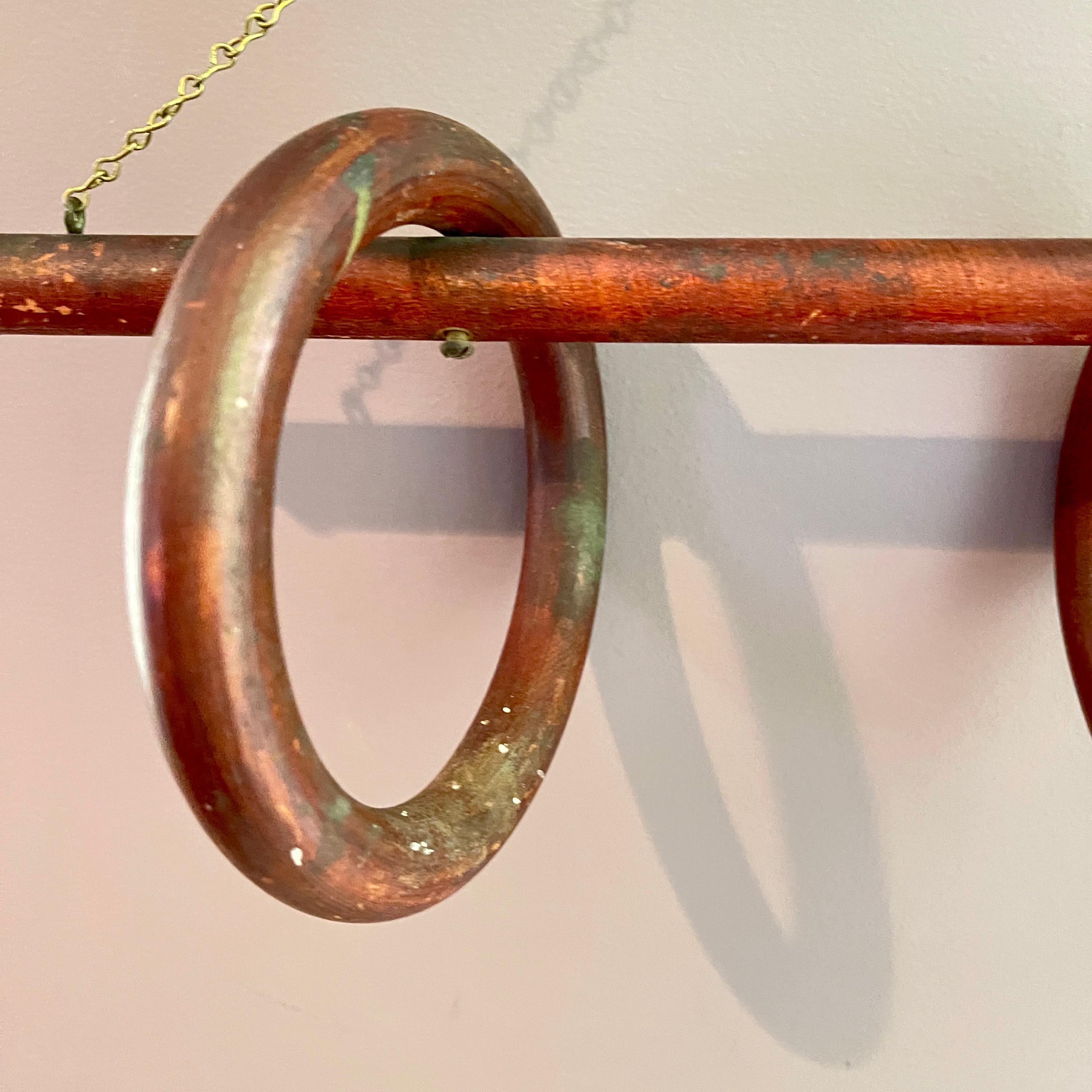 Three Ring Wood & Brass Hanging Towel Rack For Sale 1