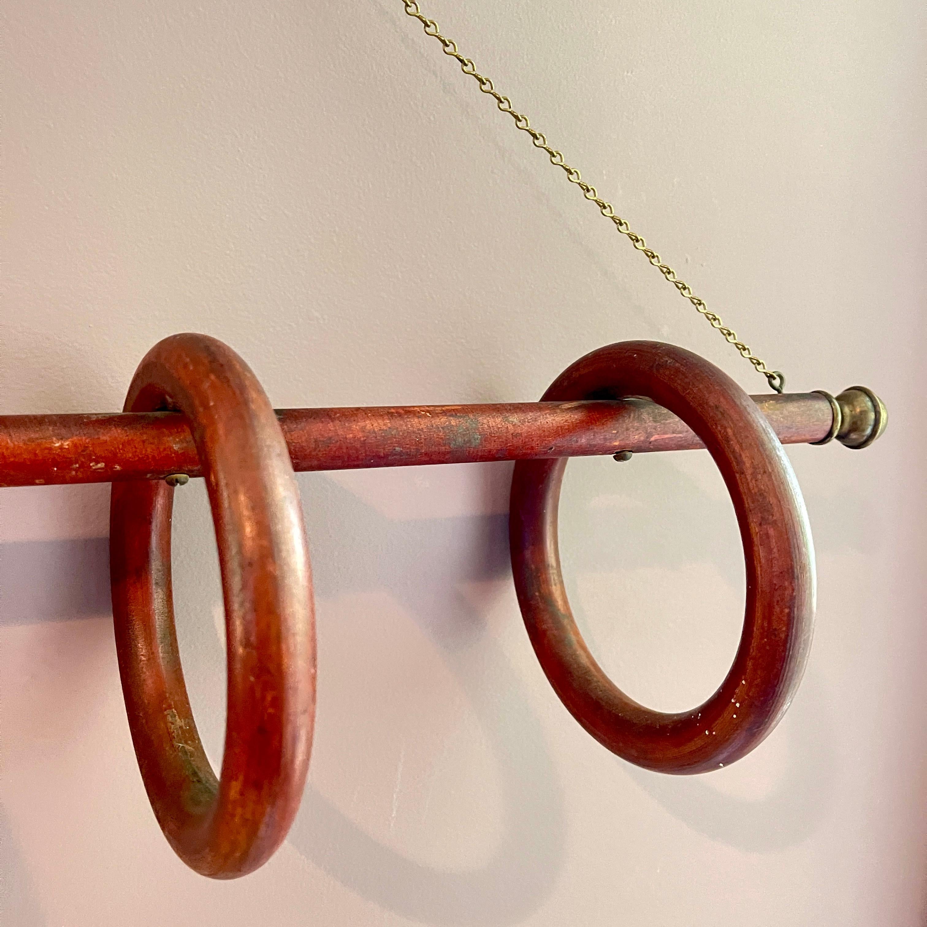 Three Ring Wood & Brass Hanging Towel Rack For Sale 2