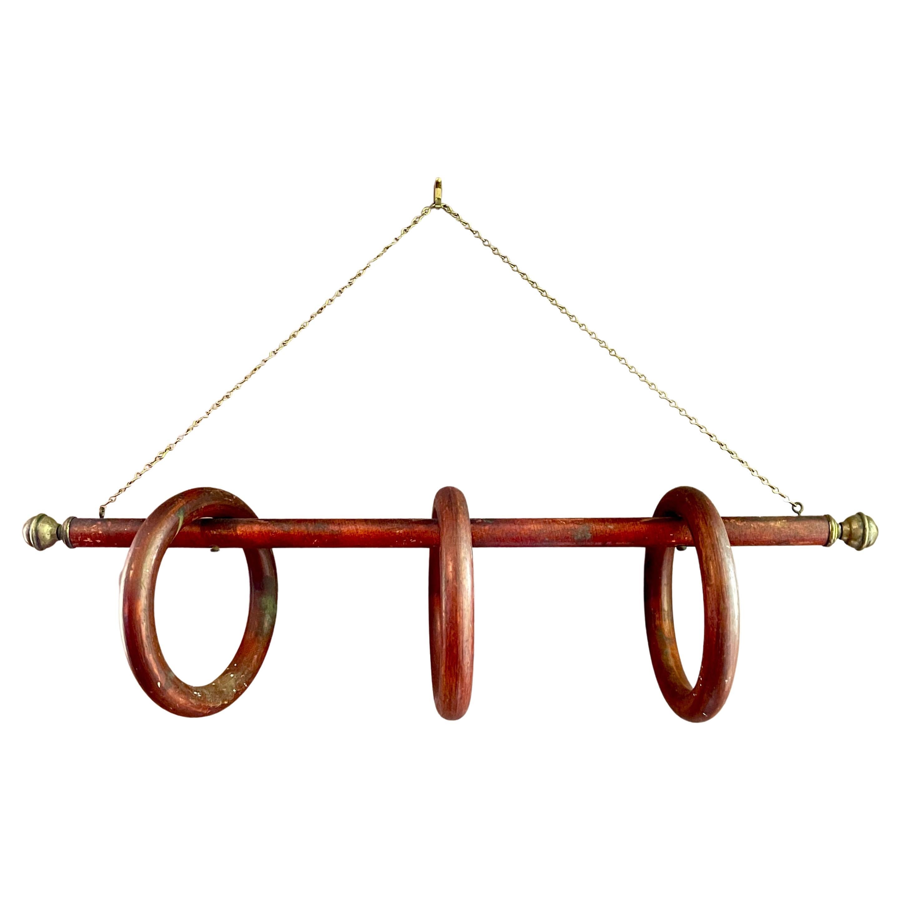 Three Ring Wood & Brass Hanging Towel Rack For Sale