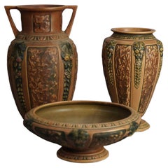 Antique Three Roseville Art Pottery Pieces, Florentine in Brown, Signed, Early 20thC