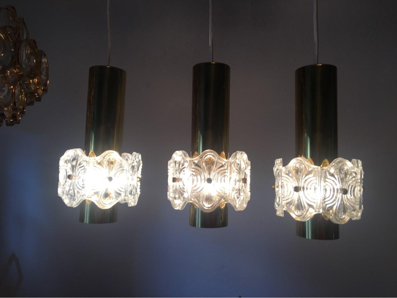 German Three Round Brass and Glass Pendant Lamp For Sale