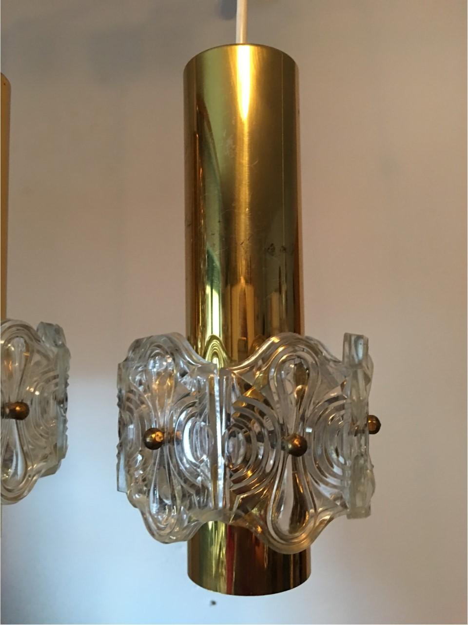 Late 20th Century Three Round Brass and Glass Pendant Lamp For Sale