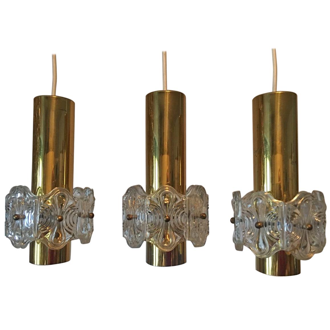 Three Round Brass and Glass Pendant Lamp For Sale