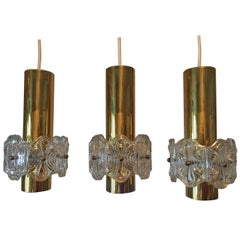 Three Round Brass and Glass Pendant Lamp