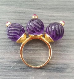 Three Round Carved Amethyst Beads Ruby Round Cabs 14K Yellow Gold Cocktail Ring