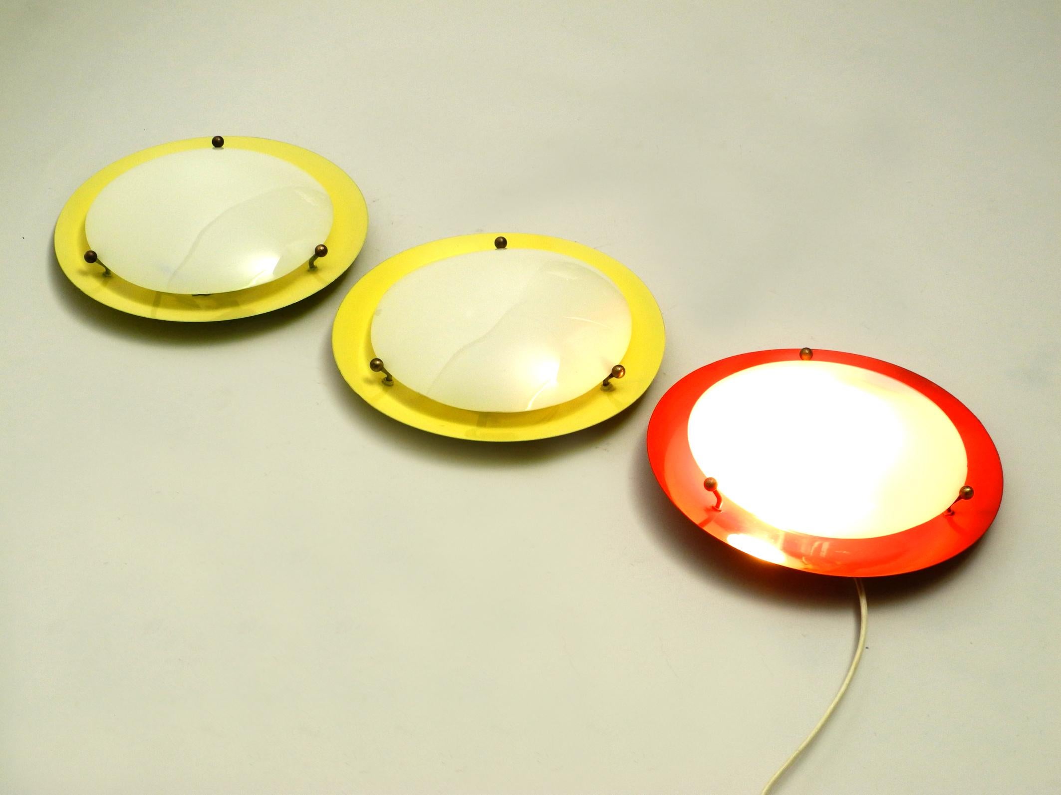 German Three Round Midcentury Wall or Ceiling Lamps Made of Metal and Plexiglass Shade For Sale