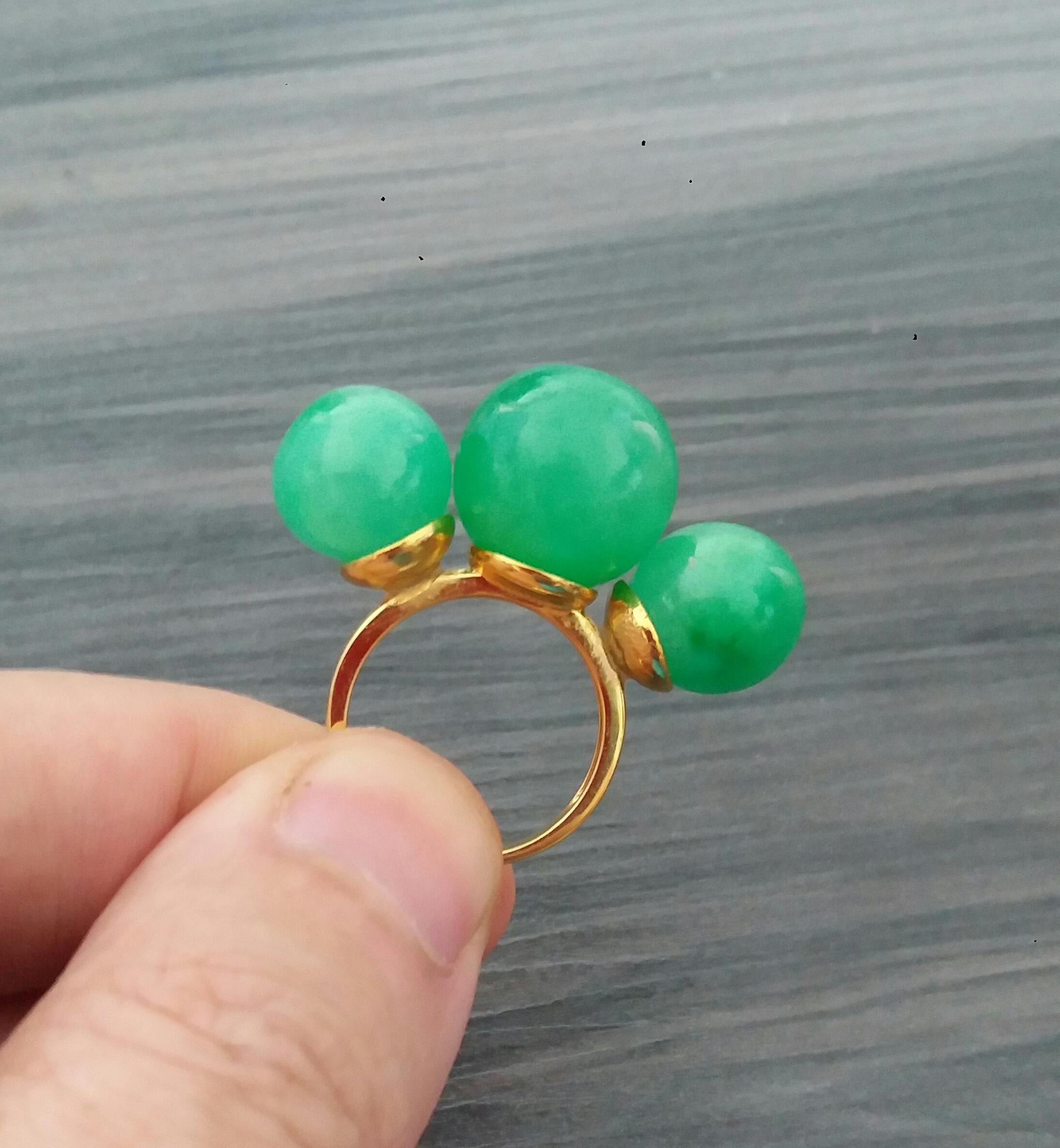 Three Round Plain Burma Jade Beads 14K Yellow Gold Cocktail Ring For Sale 6