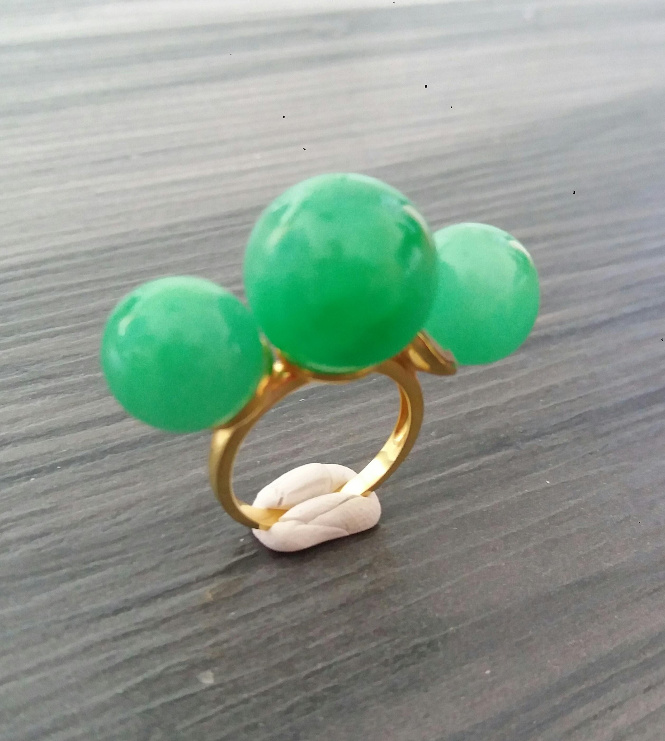 Artisan Three Round Plain Burma Jade Beads 14K Yellow Gold Cocktail Ring For Sale