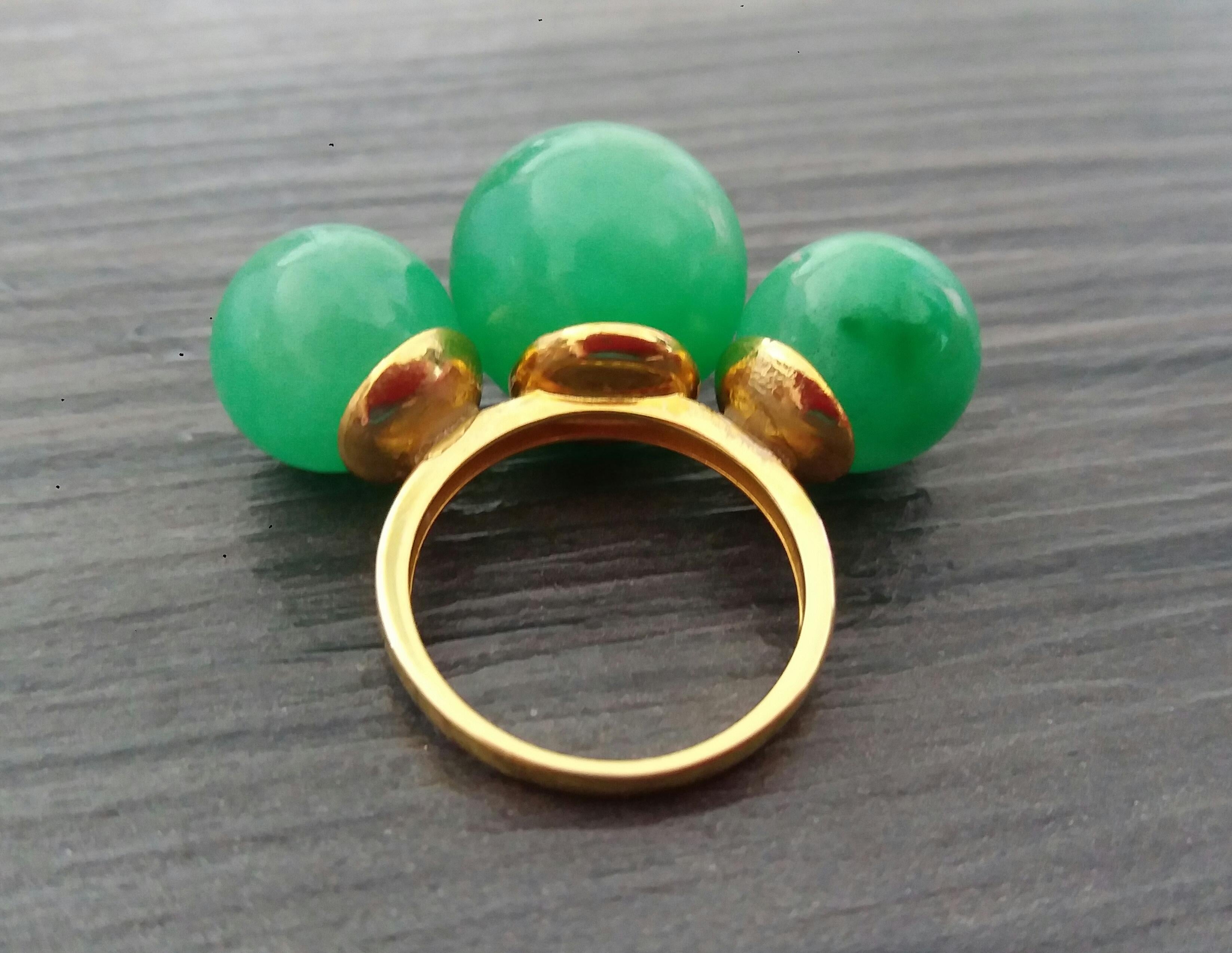 Three Round Plain Burma Jade Beads 14K Yellow Gold Cocktail Ring For Sale 3
