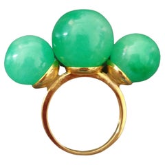 Three Round Plain Burma Jade Beads 14K Yellow Gold Cocktail Ring