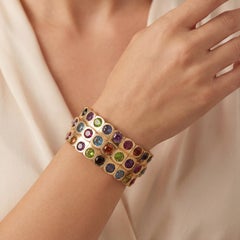 Three Row 35ctw Multi Color Gemstone Cuff Bangle 18K Yellow Gold