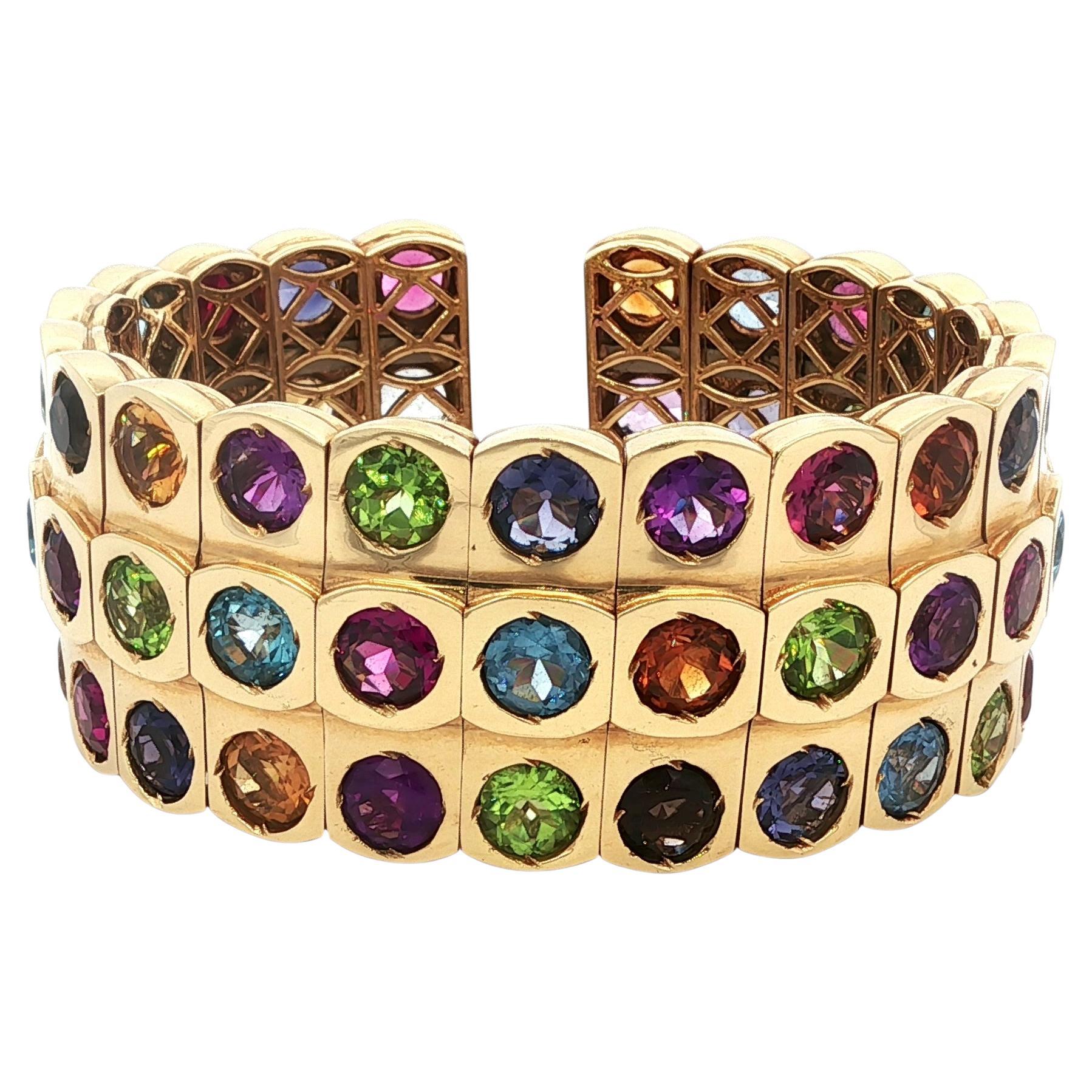 Three Row 35ctw Multi Color Gemstone Cuff Bangle 18K Yellow Gold