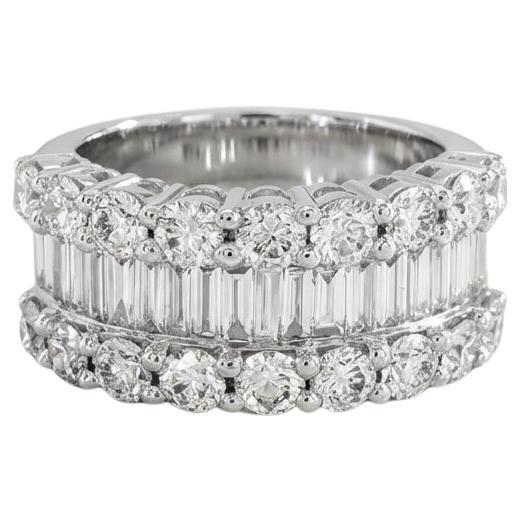 Three-Row 4ct Diamond Baguette & Round Anniversary Ring in 18K White Gold For Sale
