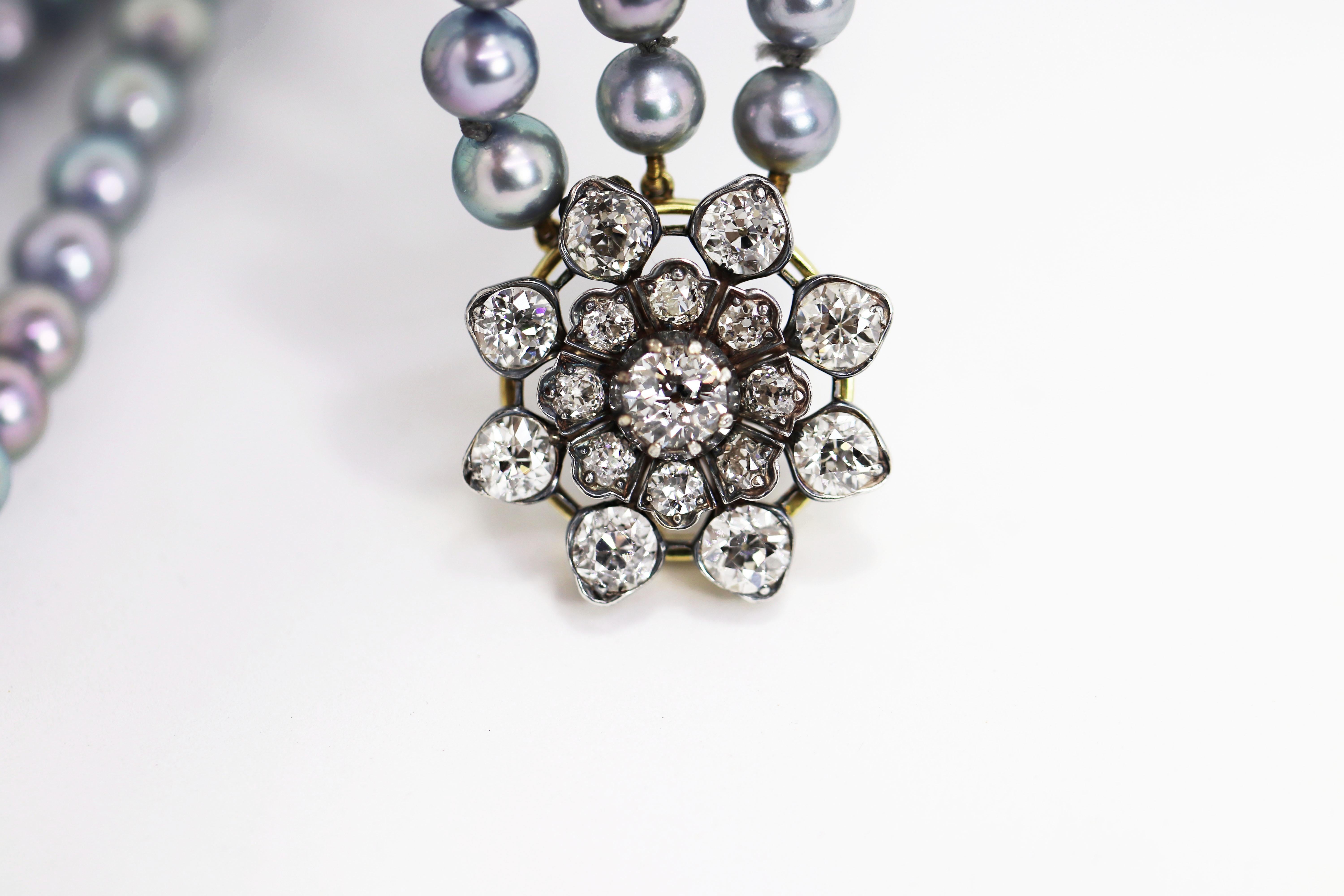 Three-Row Akoya Pearl and Old European Cut Diamond Necklace, circa 1920s For Sale 3