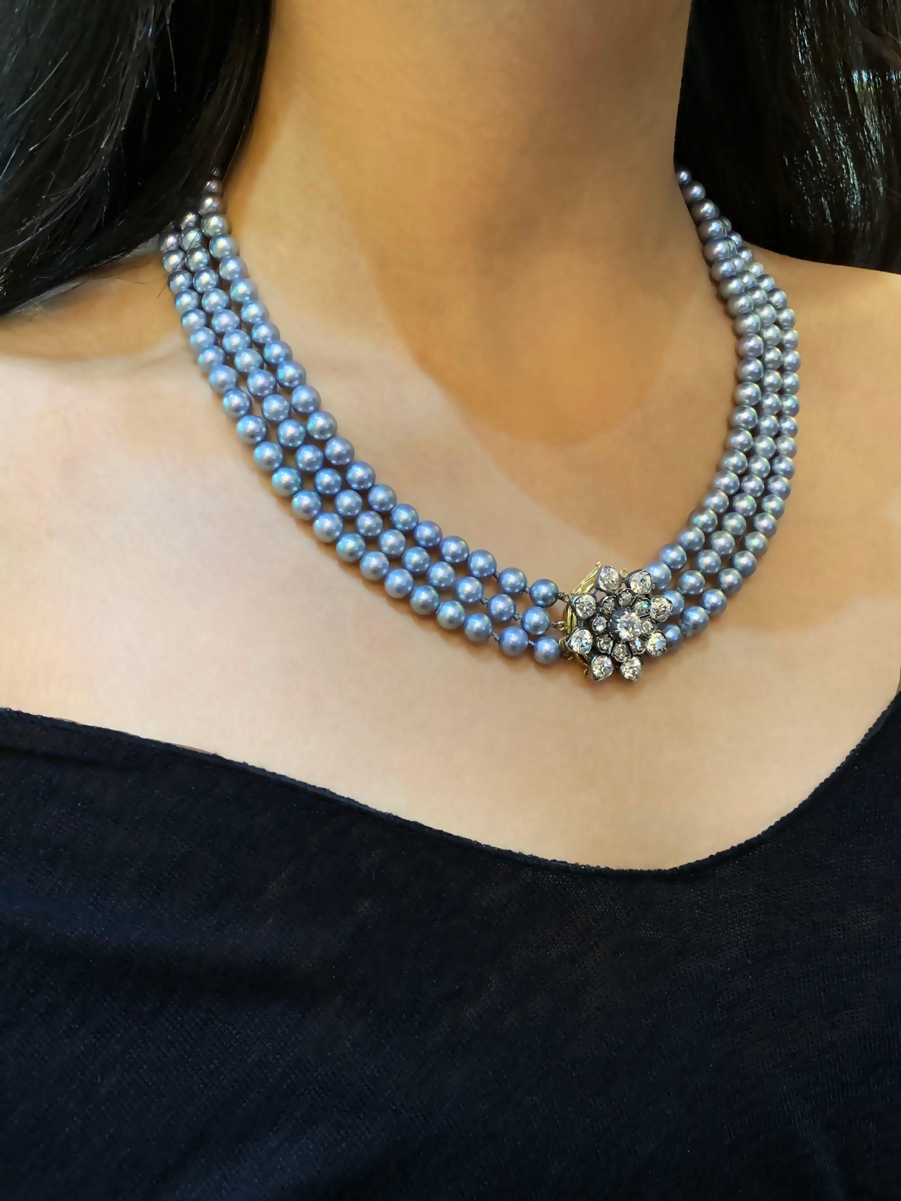 Collana a tre file di perle Akoya e diamanti taglio vecchio europeo, circa 1920 in vendita 6