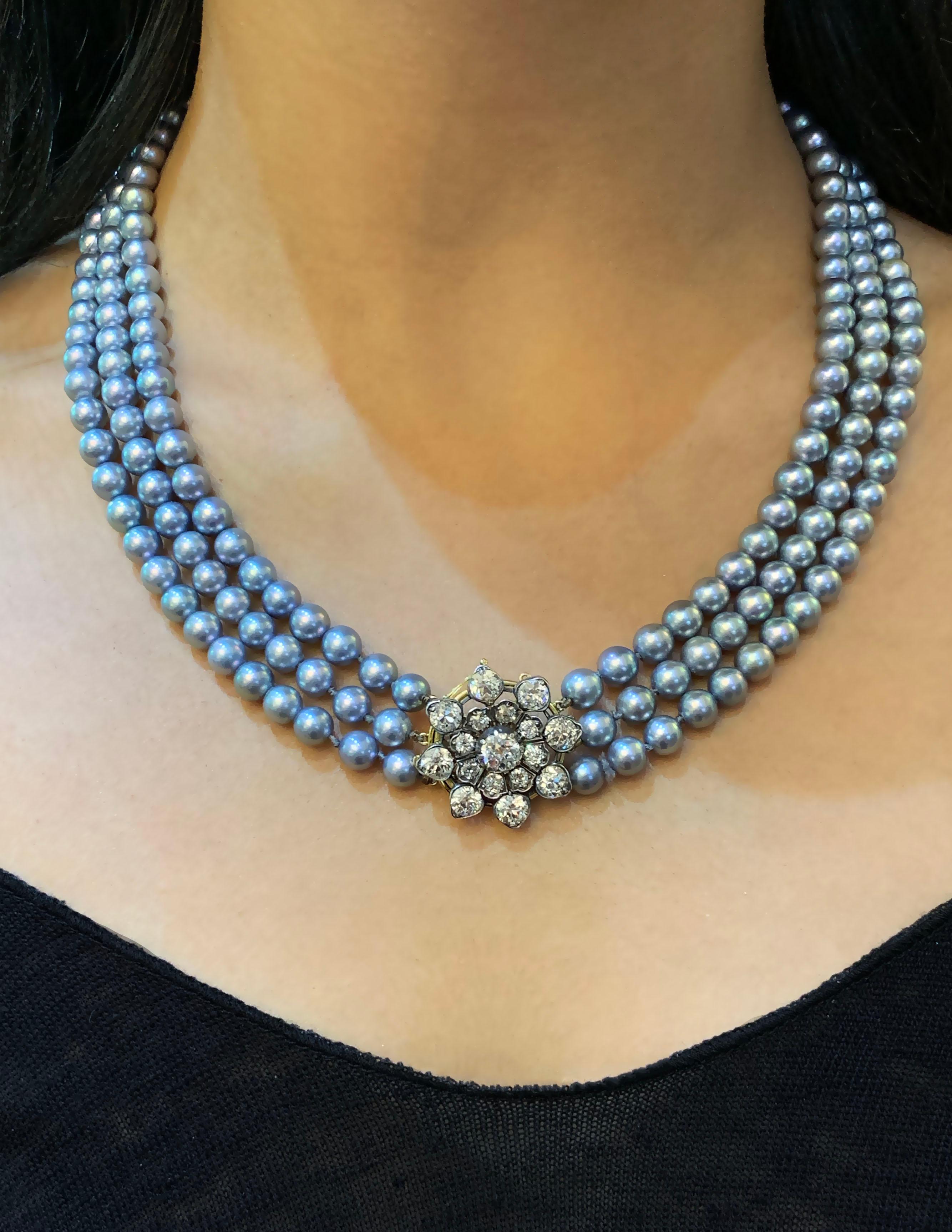 Three-Row Akoya Pearl and Old European Cut Diamond Necklace, circa 1920s For Sale 5