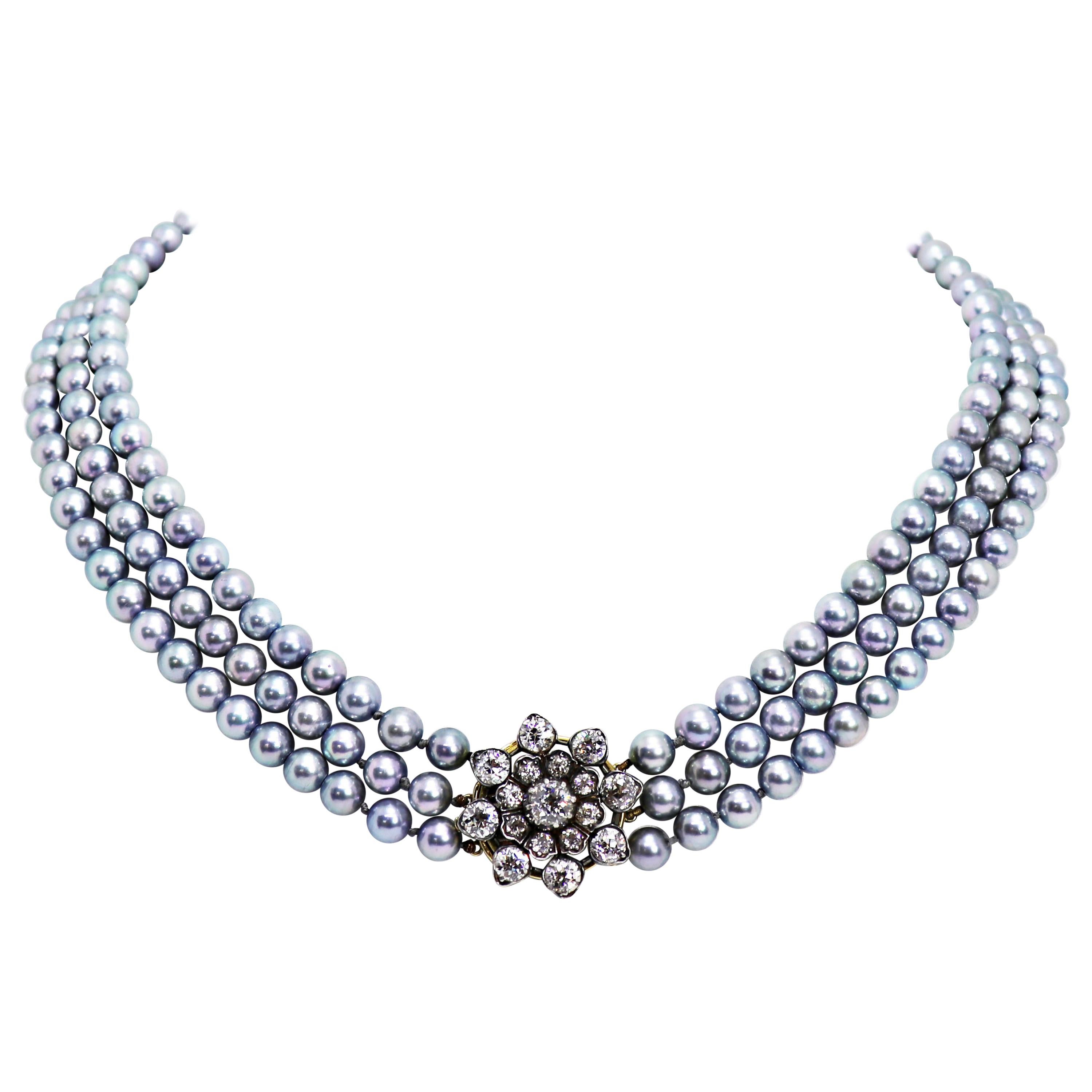 Three-Row Akoya Pearl and Old European Cut Diamond Necklace, circa 1920s