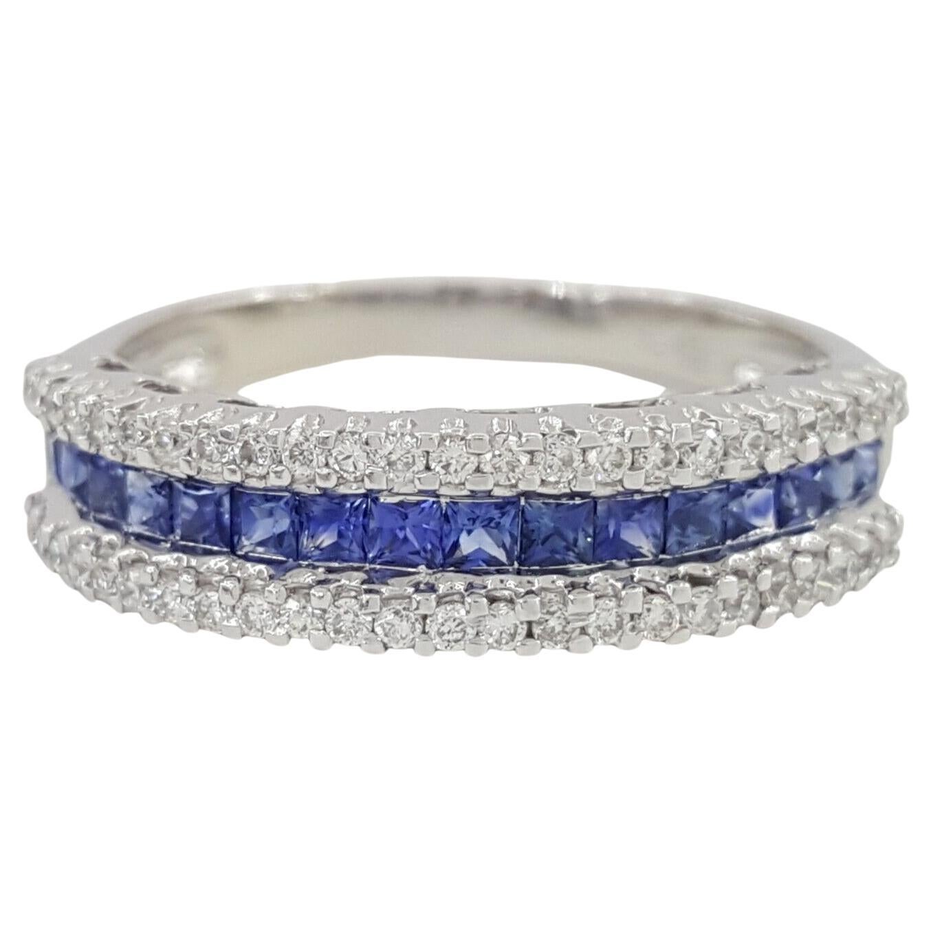 Three Row Blue Sapphire Diamond Ring For Sale