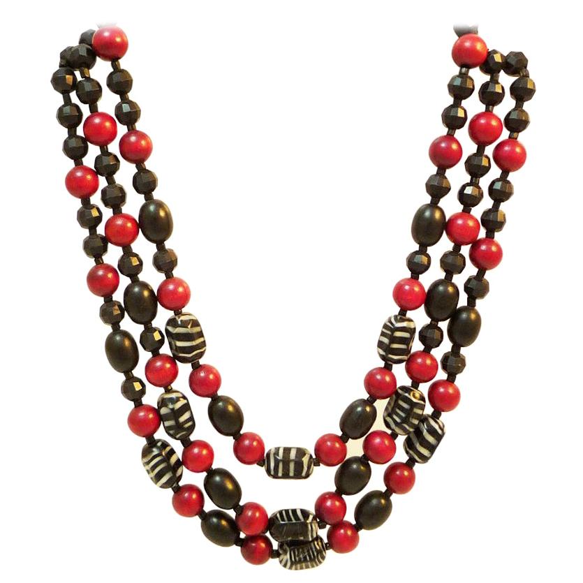 Three-row chain made of wood, plastic and glass with original clasp For Sale