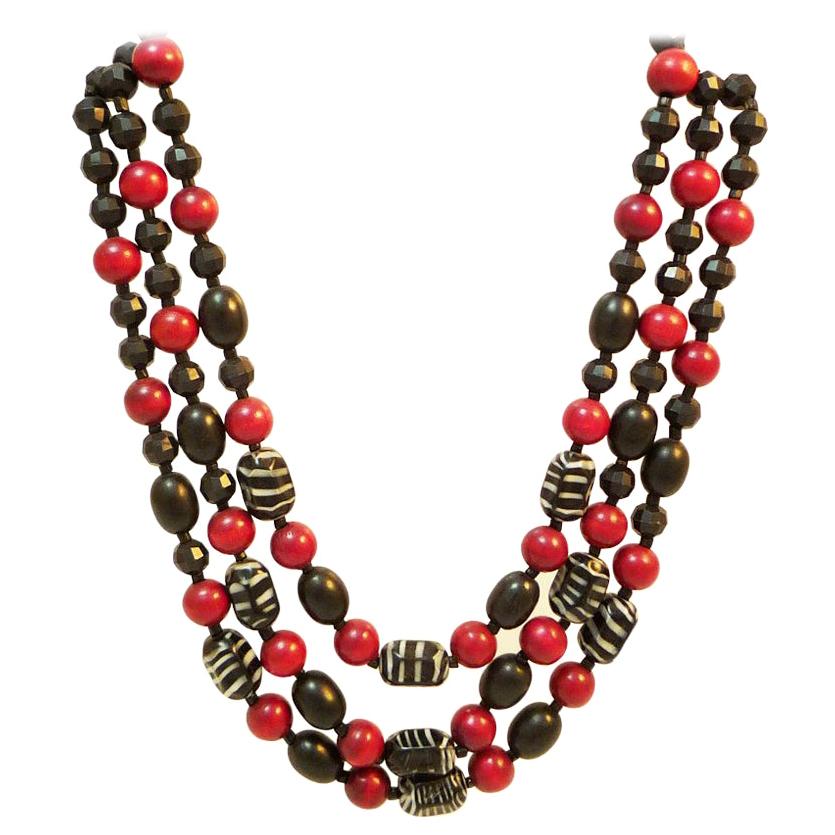 Three-row chain made of wood, plastic and glass with original clasp