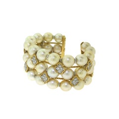 Three-Row Cultured Pearl Diamond Floret 18 Karat Yellow Gold Bracelet Cuff