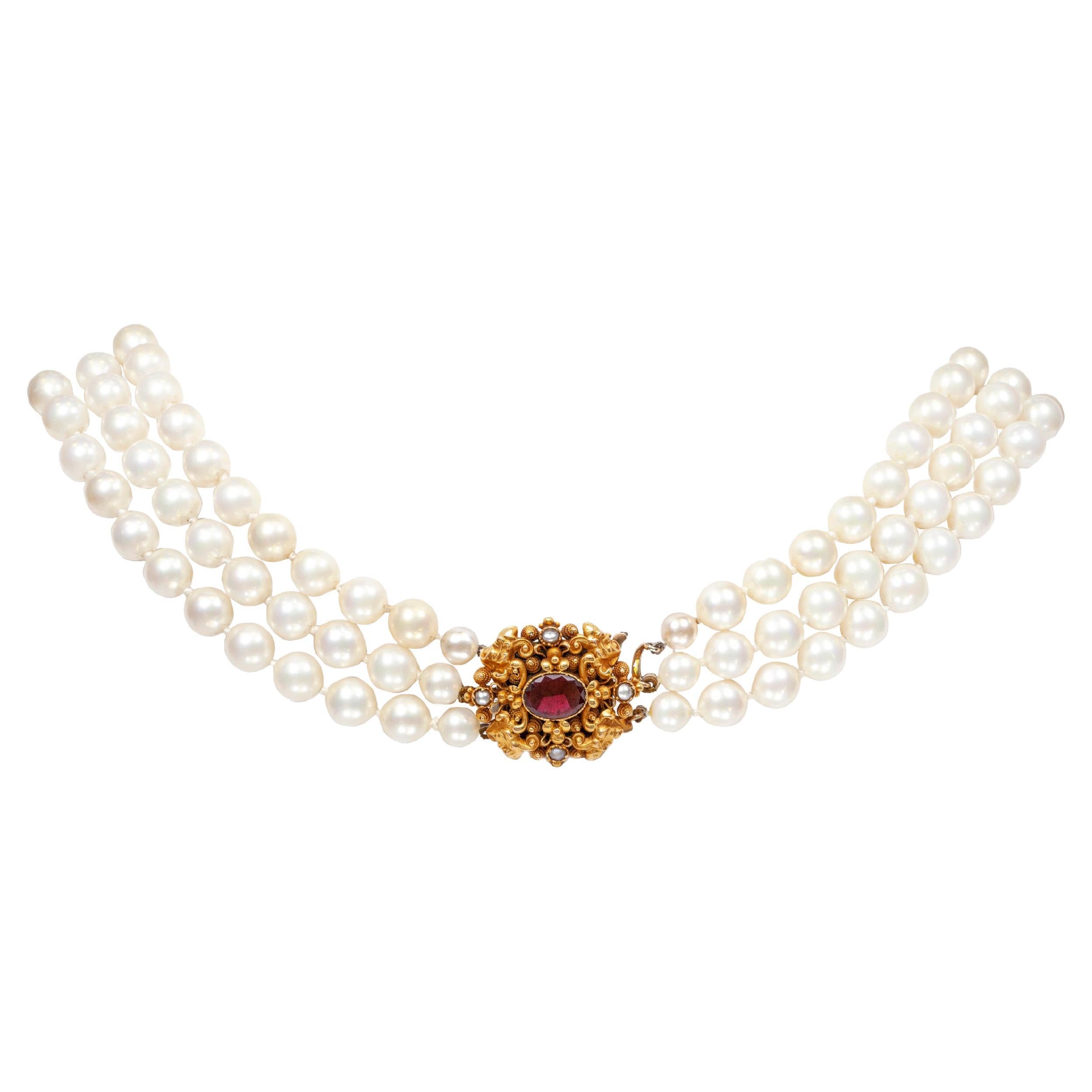 Three-Row Cultured Pearl Necklace with Garnet and Seed Pearl Yellow Gold Clasp For Sale