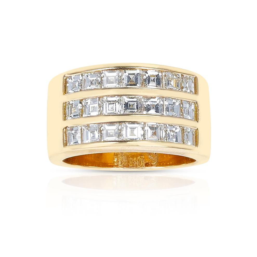 Square Cut Three Row Diamond Band, 18K Yellow Gold For Sale
