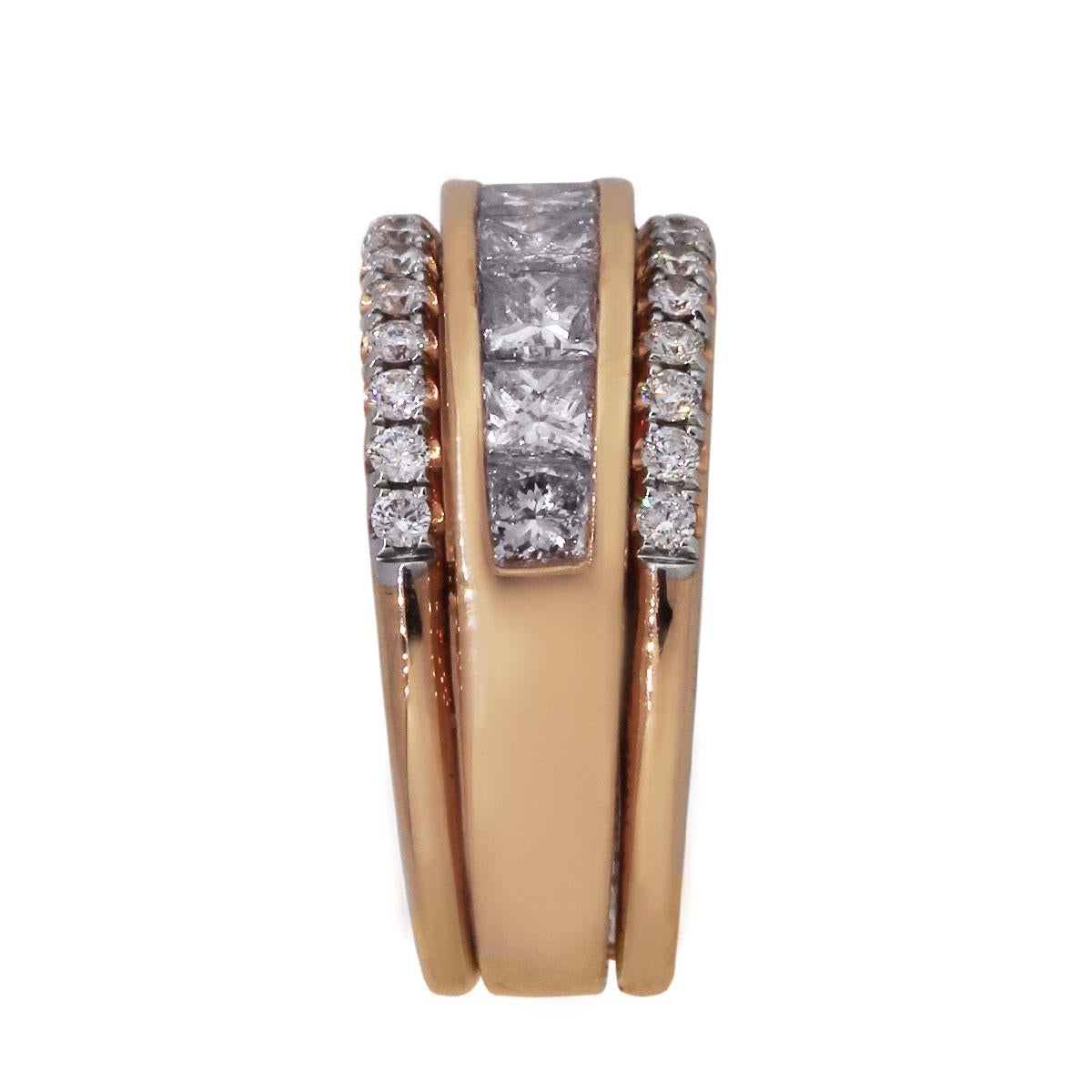 Material: 18k rose gold
Diamond Details: Approximately 0.40ctw of round brilliant diamonds, 28 stones. Approximately 1.38ctw of princess cut diamonds, 9 stones. Diamonds are G/H in color and VS in clarity
Ring Size: 6.50 (can be sized)
Ring