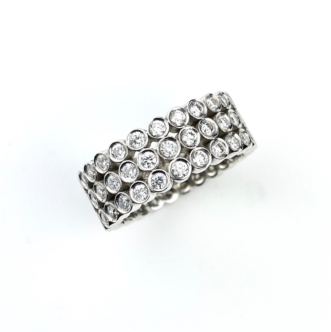Round Cut Three-Row Diamond Bezel Ring in White Gold For Sale