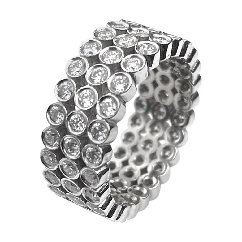Three-Row Diamond Bezel Ring in White Gold For Sale