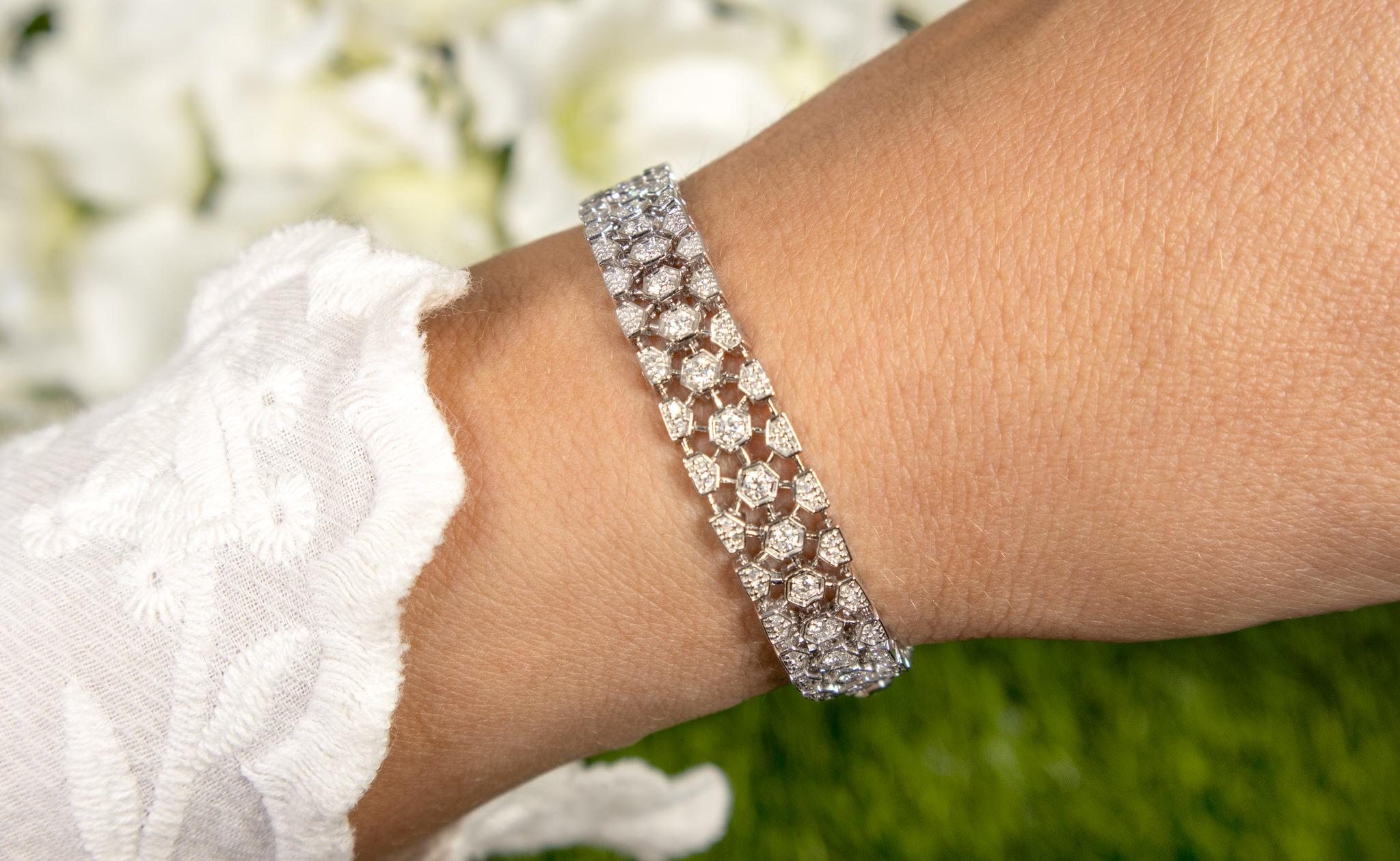 Round Cut Three Row Diamond Bracelet 1.9 Carat Total For Sale