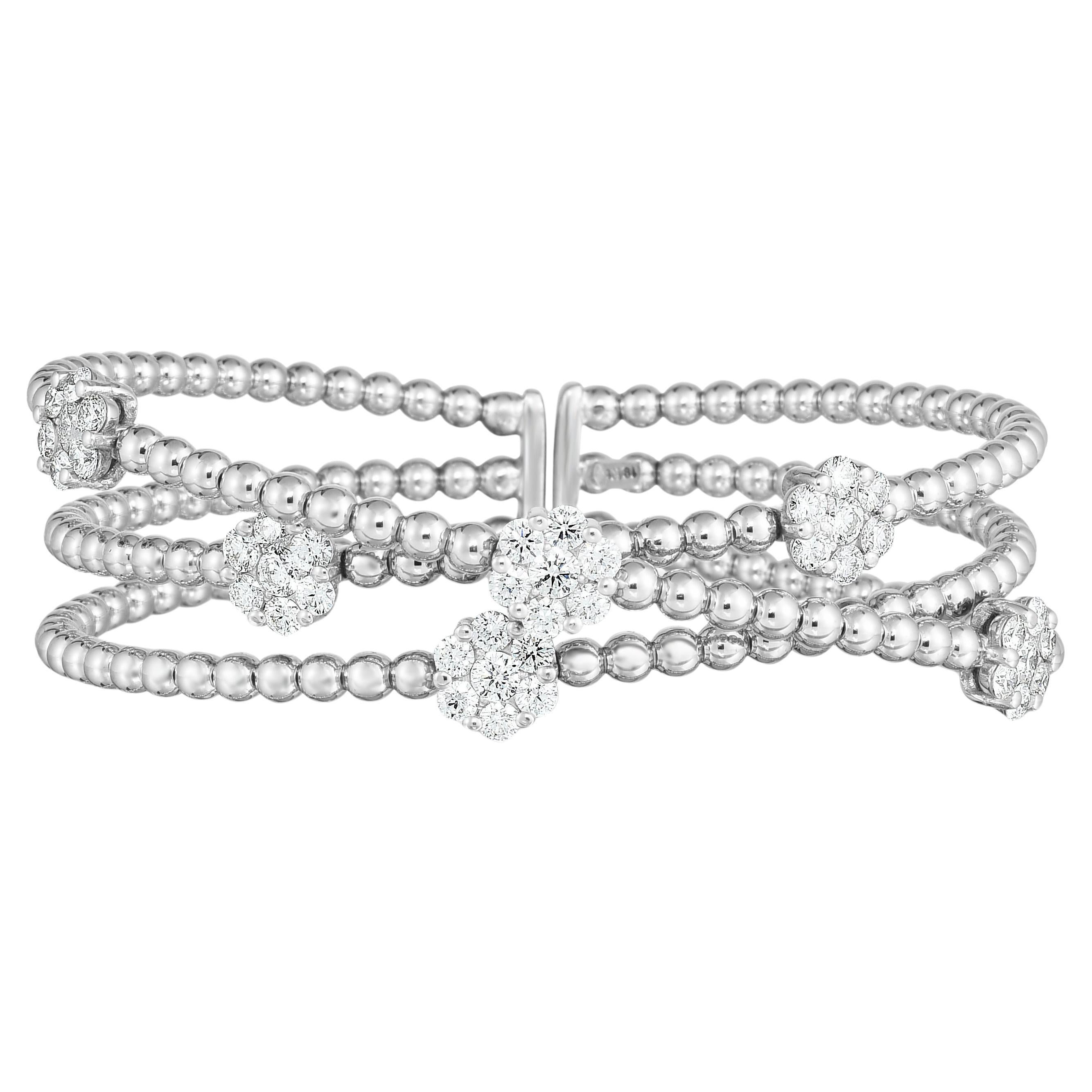Three-Row Diamond Cluster Flower Bangle in 18K White Gold, 2.35 Carats