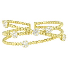 Three-Row Diamond Cluster Flower Bangle in 18K Yellow Gold, 2.35 Carats